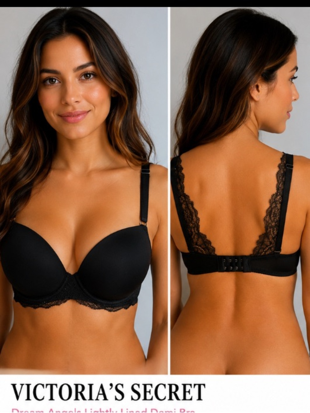 Victoria’s Secret Dream Angels Black Lined Demi Bra 34DD Lace Back